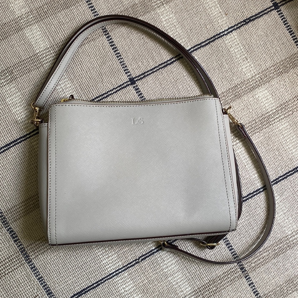 Lo & Sons the Pearl crossbody in light grey saffiano leather, like new condition